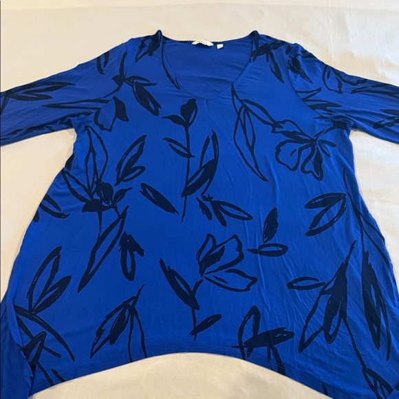 Reitman's Blue V-Neck Tunic, Black Leaf Print, Asymmetrical Hem Women's Sz XXL - Picture 6 of 11